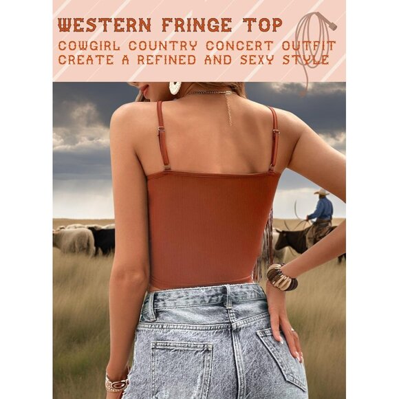 Women's Brown Fringe Tank Top Western Festival Clothing Cowgirl V Neck Outfits - Picture 3 of 6